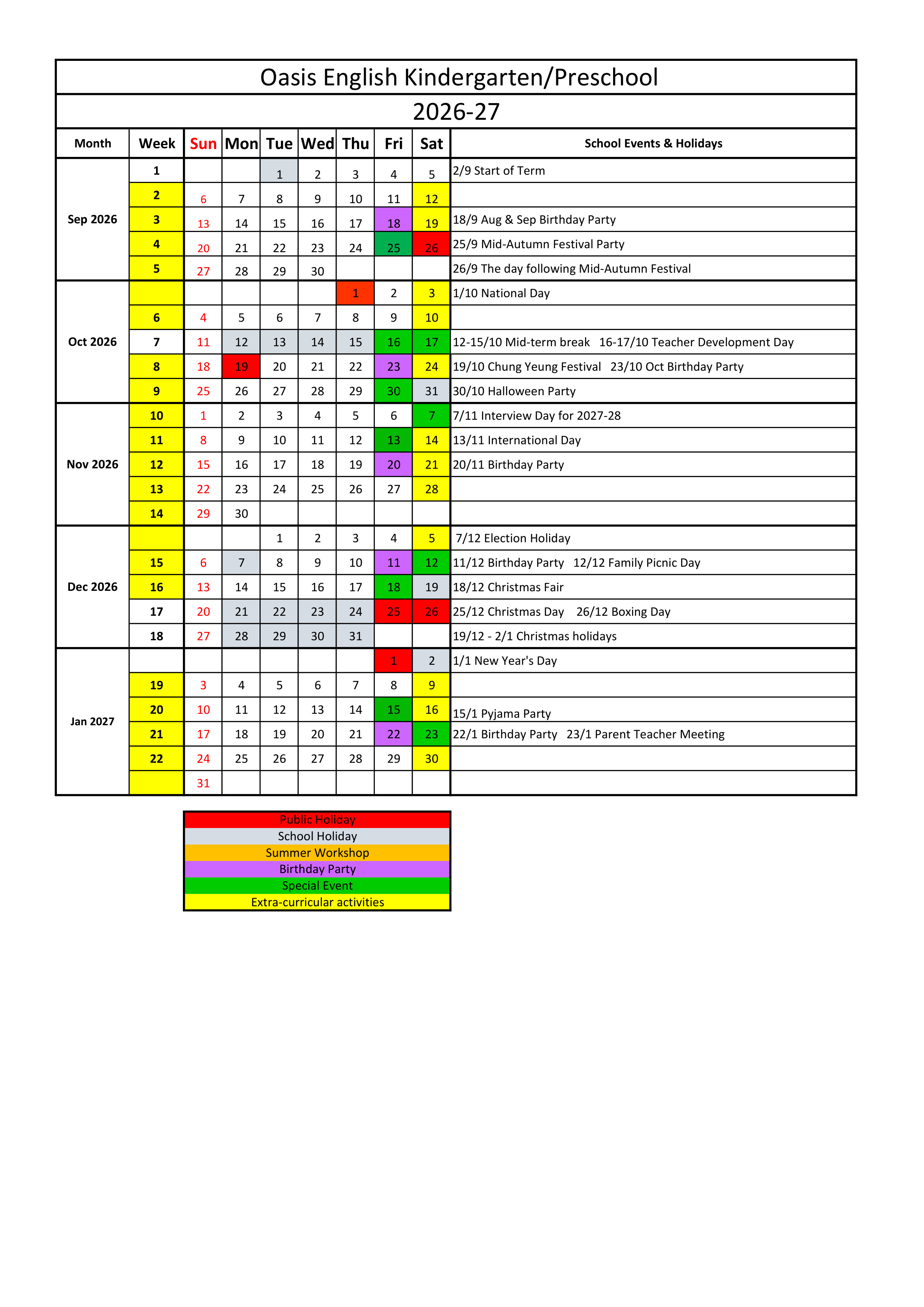 Oasis School Calendar 2026-2027